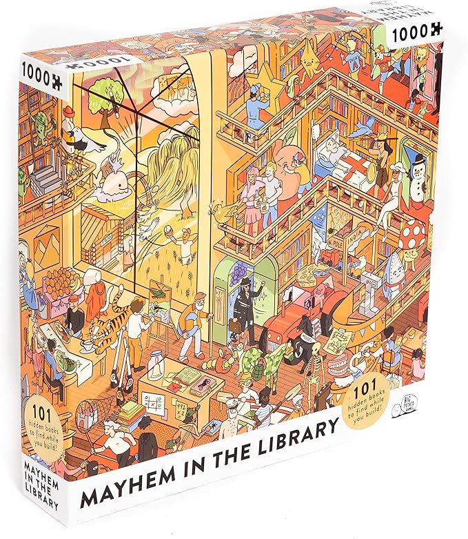 MAYHEM IN THE LIBRARY: JIGSAW PUZZLE WITH 101 HIDDEN BOOK TITLES TO DISCOVER
