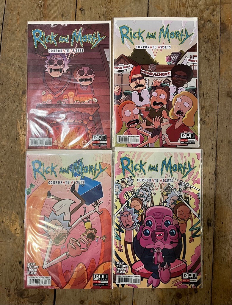 PRE-OWNED FULL SET RICK & MORTY CORPORATE ASSETS ISSUES #1 TO #4 (MATURE)